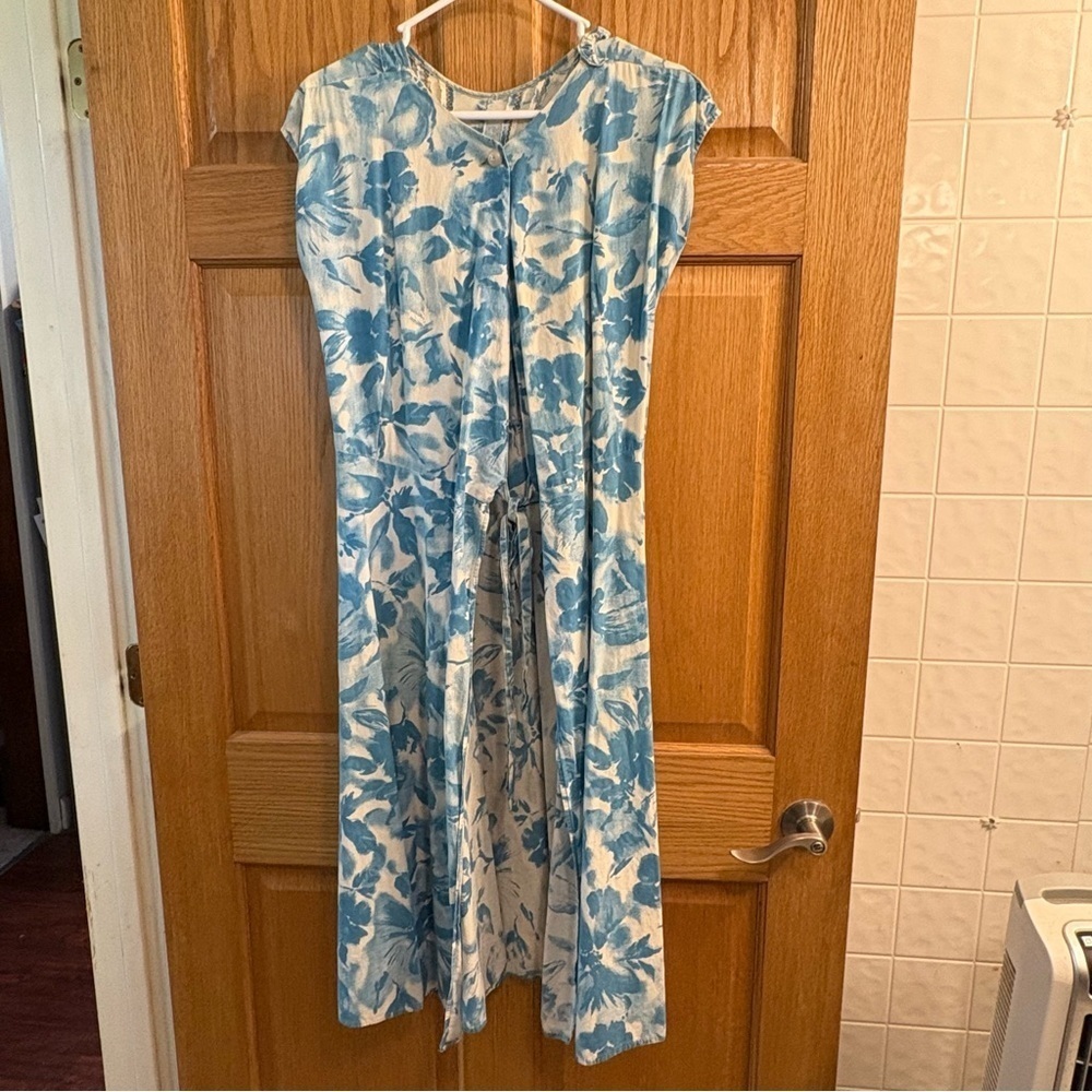Vtg Ken Back Wrap House Coat Duster Dress Tie Behind Open Blue Floral Women’s S - Picture 2 of 6